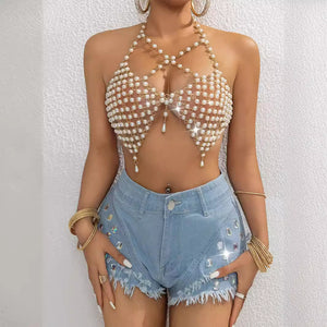 Sexy Beach Vacation Imitation Pearl Halter Spaghetti Straps Backless Music Festival Party Top