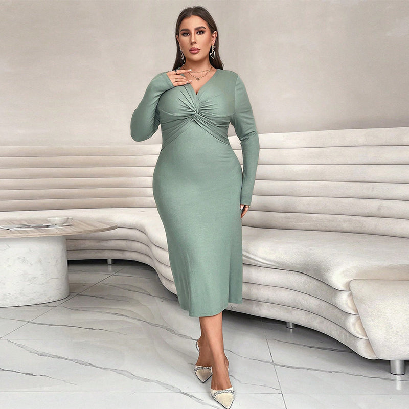 Plus Size Long Sleeve Cross Collar Slim Fit Slimming Fishtail Dress Mid Length Underwear High Sense Dress