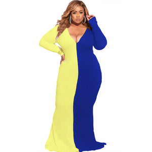 Plus Size Plus Size Color Contrast Patchwork V-neck Slim-Fit Long Sleeve Women Maxi Dress