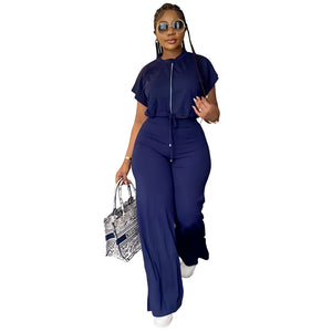 Summer Drawstring Short Top High Waist Slit Women Trousers Two Piece Suit