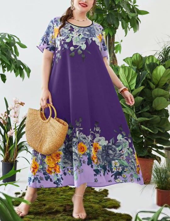 Plus Size Maxi Dress Belly Covering V neck Elastic Waist Printed Dress