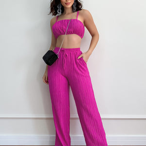 Summer Women Solid Color Sleeveless Cropped Outfit Sexy Trousers Women Two Piece Set