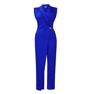 Women Clothing Elegant Elegant Suit Collar Tight Waist Chain Loose Wide Leg Jumpsuit