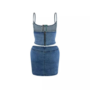 Adjustable Buckle Stretch Casual Denim Suit Two Piece Women Clothing