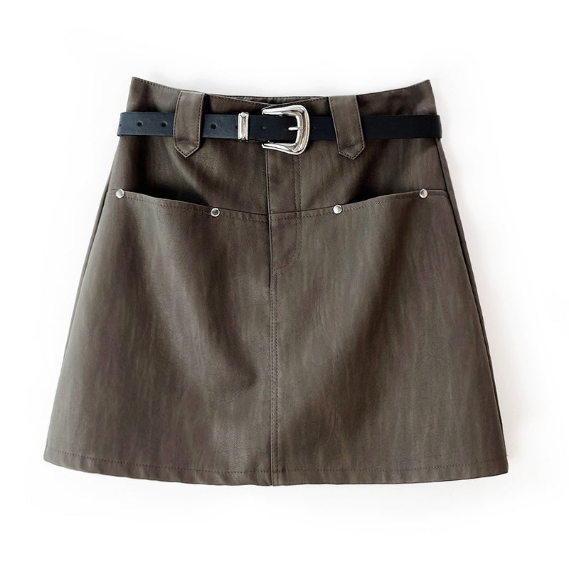 Worn Small Leather Skirt Women Autumn Winter High Waist Slimming Anti Emptied Faux Leather Skirt A Line