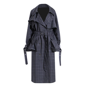 British Plaid Trench Coat For Women Autumn Winter Waist Belt Large Pocket Detachable Lace Up Long Trench Coat