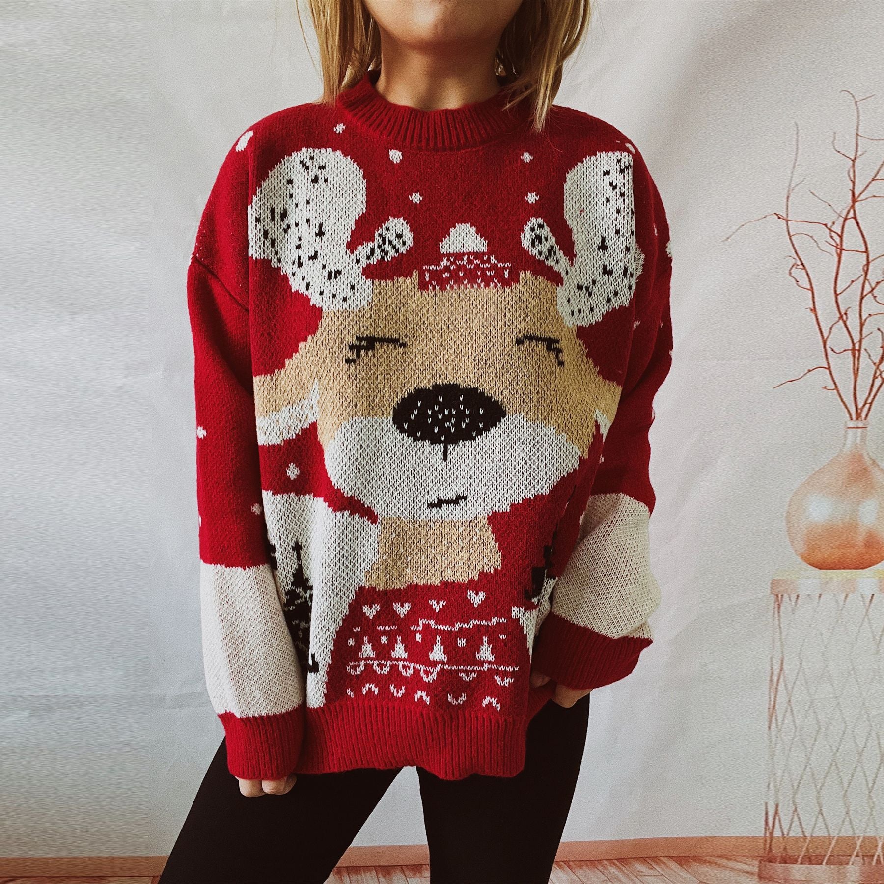 Autumn Winter Year Christmas Sweater Cartoon Elk Pattern round Neck Long Sleeve Knitted Pullover