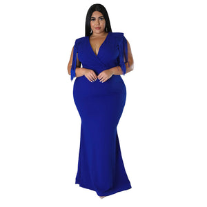 Plus Size Women Dress Sexy Tassel V neck Long Sleeve Slim Fit Maxi Dress