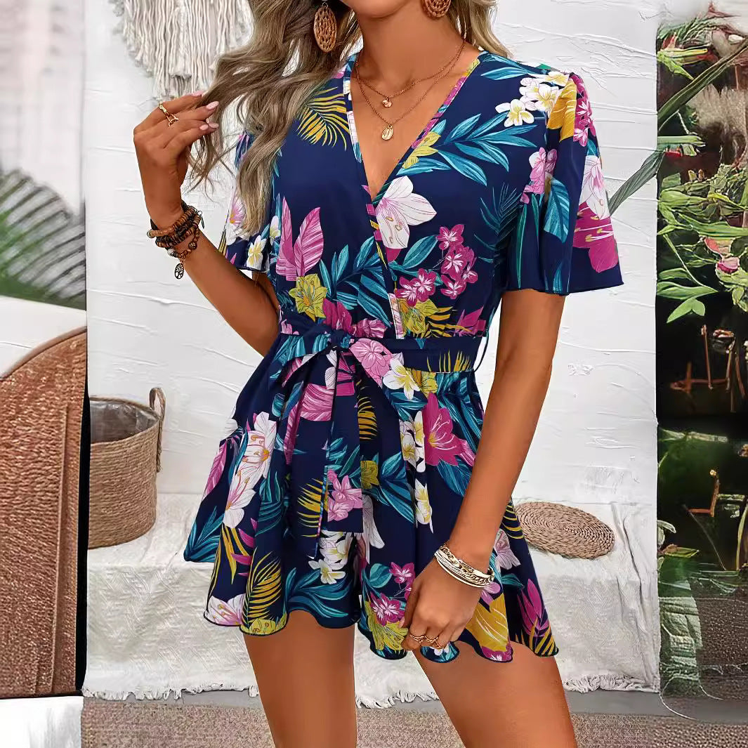 Beach Vacation Ruffle Sleeve Cross Collar Belt Short Culottes Women Loose Printed Jumpsuit Women