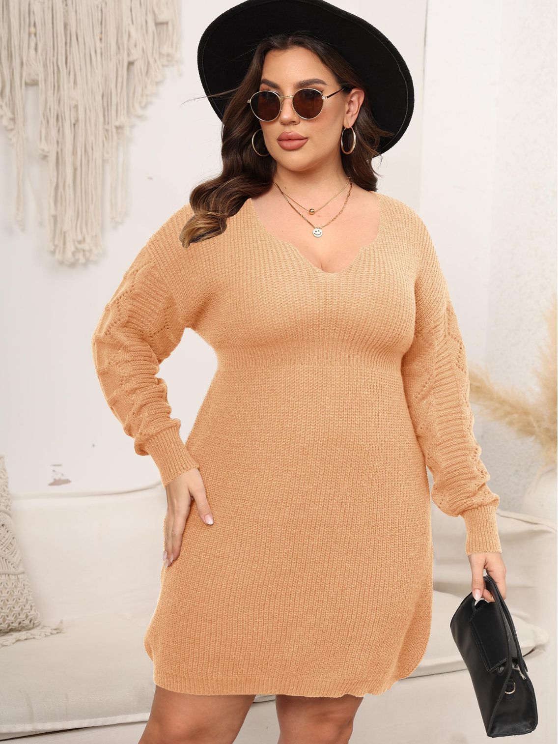 Plus Size Wome Clothes Autumn Winter V neck Woven Woolen Cinched Underdress Dress Women