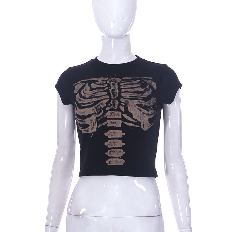 Retro Dark Round Neck Skeleton Printed Slim High Waist Cropped Women Top