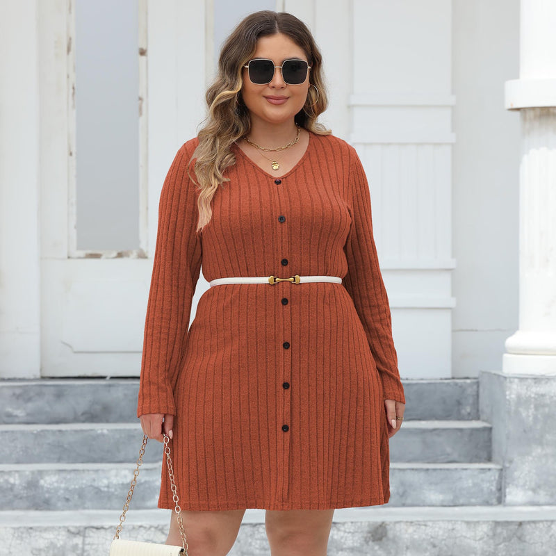 Plus Size Women Clothes Fastener Decoration A Line Dress Deep V Plunge Pit Striped Base Dress No Belt