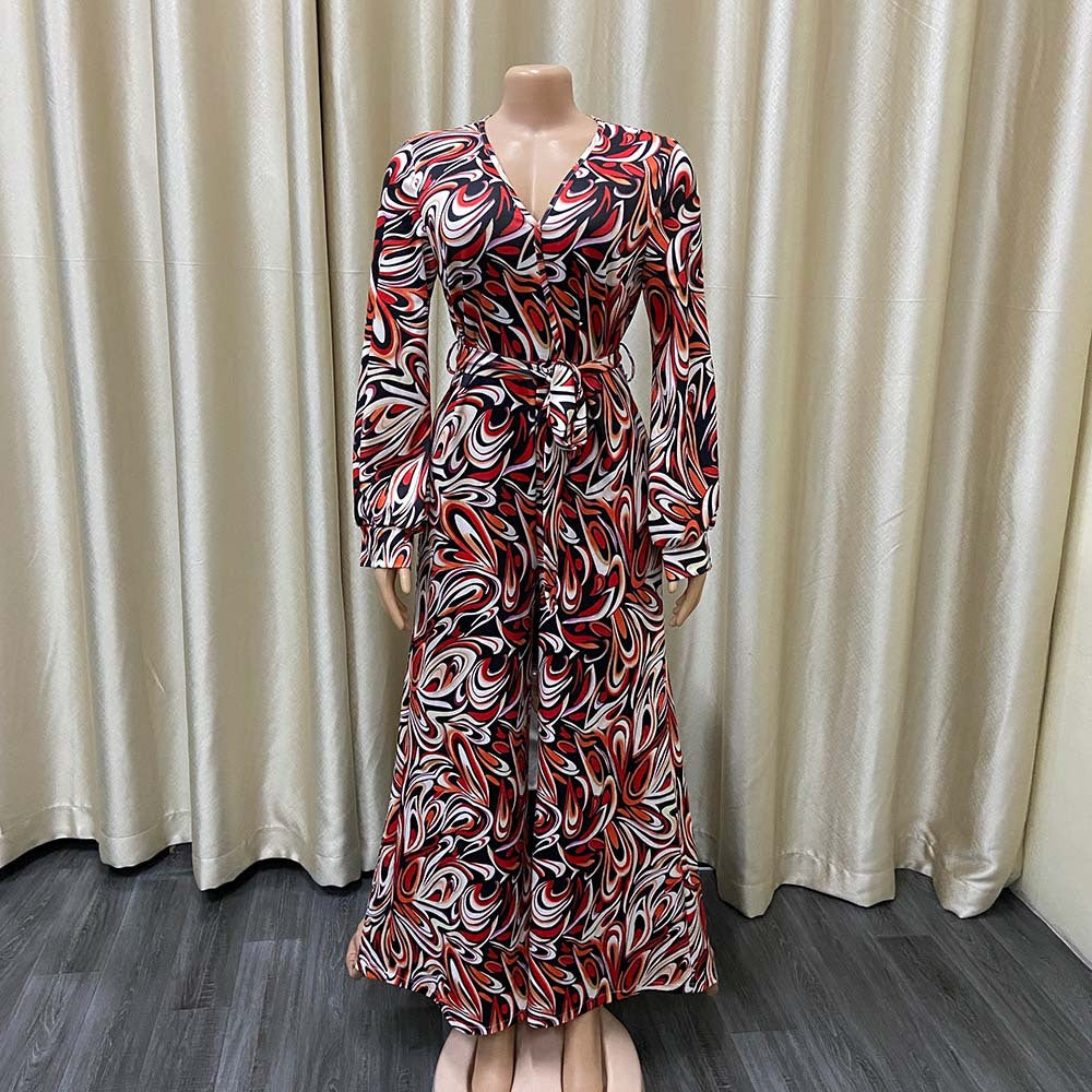 Autumn Winter Casual Women Clothing Printed Wide Leg Long Sleeve African Jumpsuit