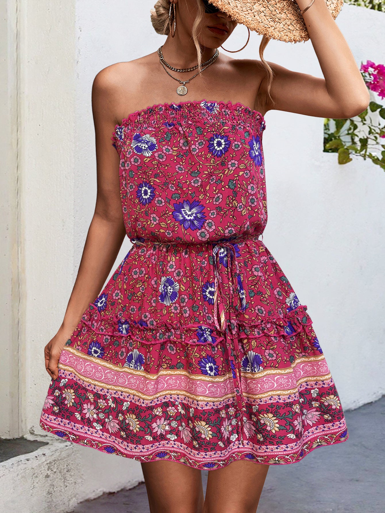 Spring Summer Women Clothing Bohemian Floral Smocking Tube Top Dress