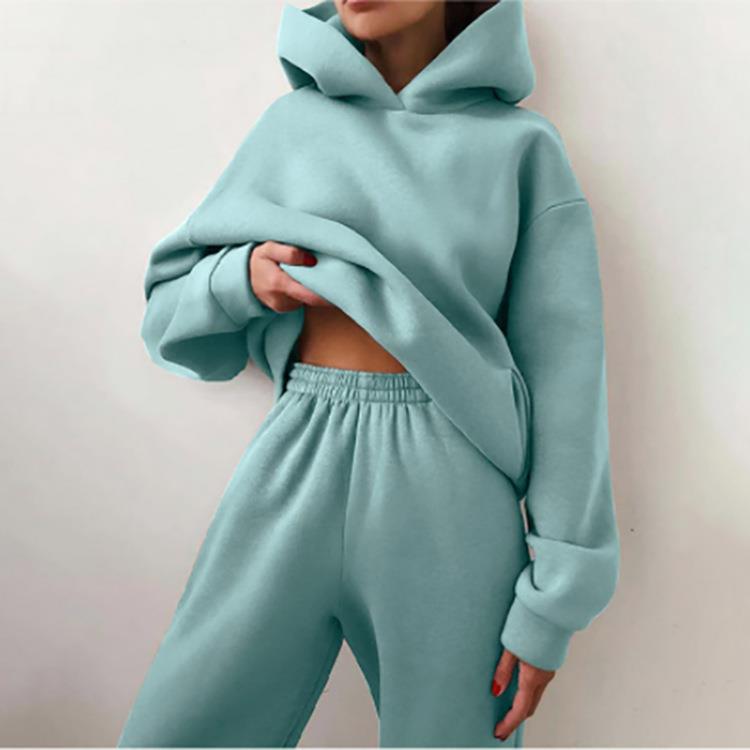 Autumn Winter Women Clothing Solid Color Trousers Thickened Long Sleeve Hooded Sweater Casual Set