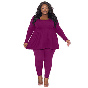 Plus Size Women Clothing Women Suit Solid Color Long Sleeved T Shirt Two Piece Set Women