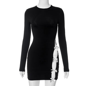 Women Clothing Autumn Winter Long Sleeve Slim Fit Bow Hollow Out Cutout Dress