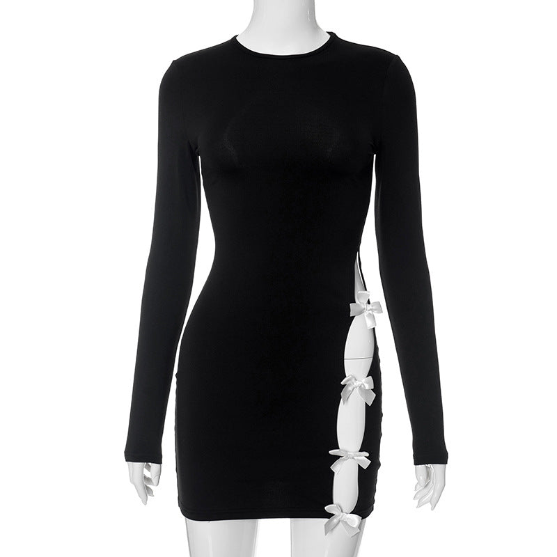 Women Clothing Autumn Winter Long Sleeve Slim Fit Bow Hollow Out Cutout Dress