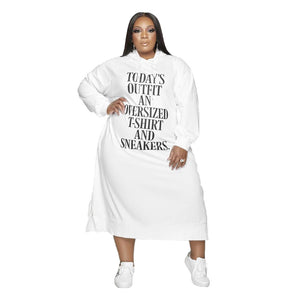 Plus Size Loose Midi Letter Graphic Dress Printing Ladies Hooded Sweater Dress