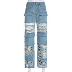 Women Clothing Pocket Stitching Hollow Out Cutout Ripped Beggar Street Casual Straight Leg High Waist Jeans