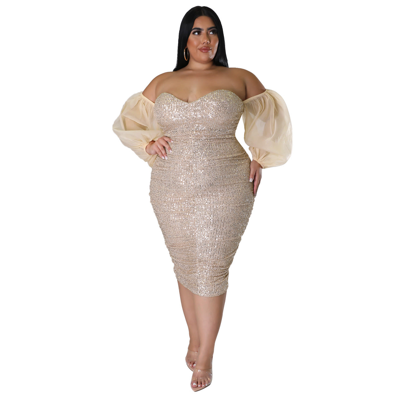 Plus Size Sexy Sequ Dress Tube Top Mesh Solid Color Evening Dress Tight Sexy Hip