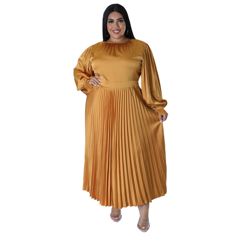 Plus Size Women Clothes Autumn Winter Popular Pleated Round Neck Maxi Dress Long Sleeve