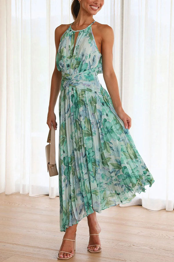 Summer Women Halter Sleeveless V Neck Printed Large Swing Maxi Dress