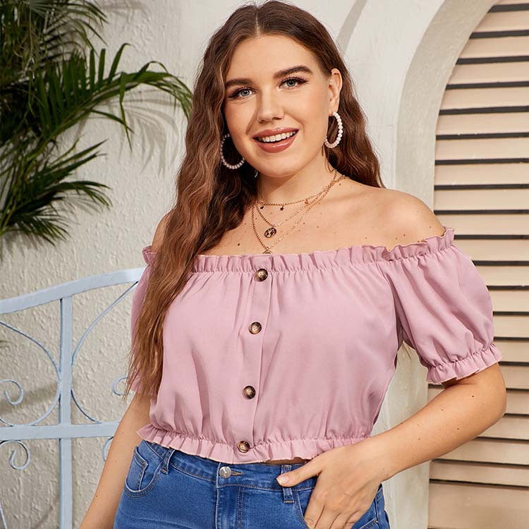 Plus Size Loose Retro Diagonal Solid Color off Neck Office Artistic Top Lace Shirt Short Sleeve
