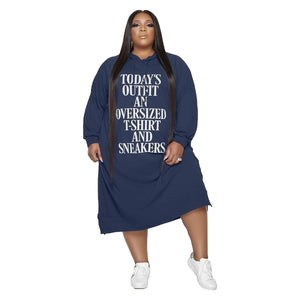 Plus Size Loose Midi Letter Graphic Dress Printing Ladies Hooded Sweater Dress