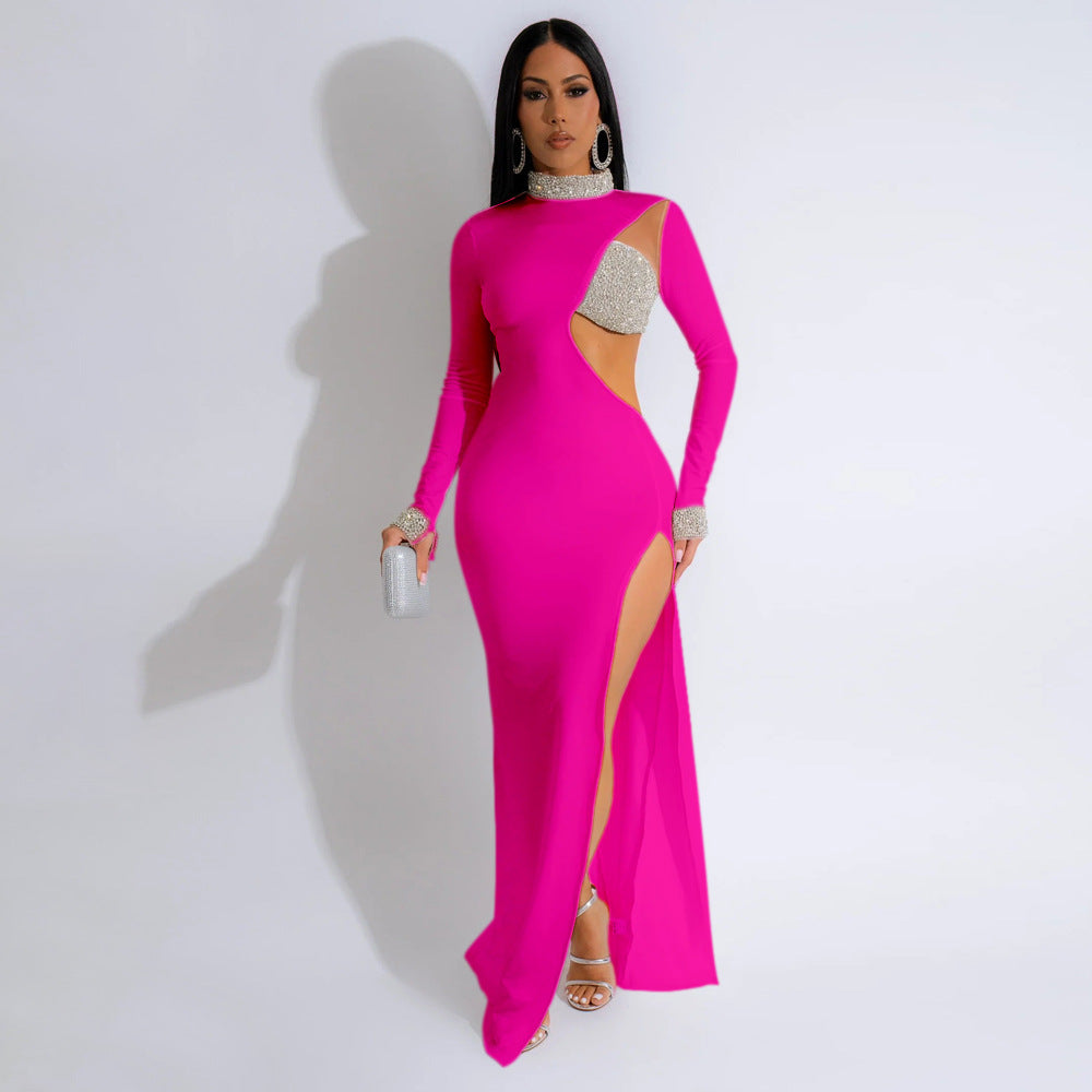 Solid Color Rhinestone Long Sleeve High Slit Dress Women