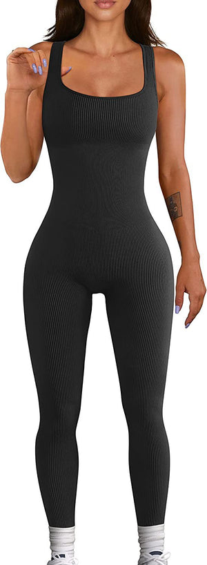 Summer Sexy Women Yoga Jumpsuit Ribbed Square Collar Sleeveless Sports Jumpsuit Trousers