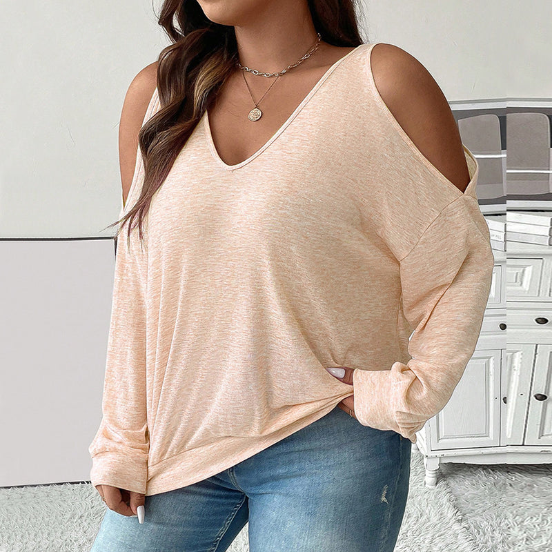 Plus Size Women Clothes Autumn Winter Sexy Off The Shoulder V Neck Loose Casual Solid Color Long Sleeved T shirt Top