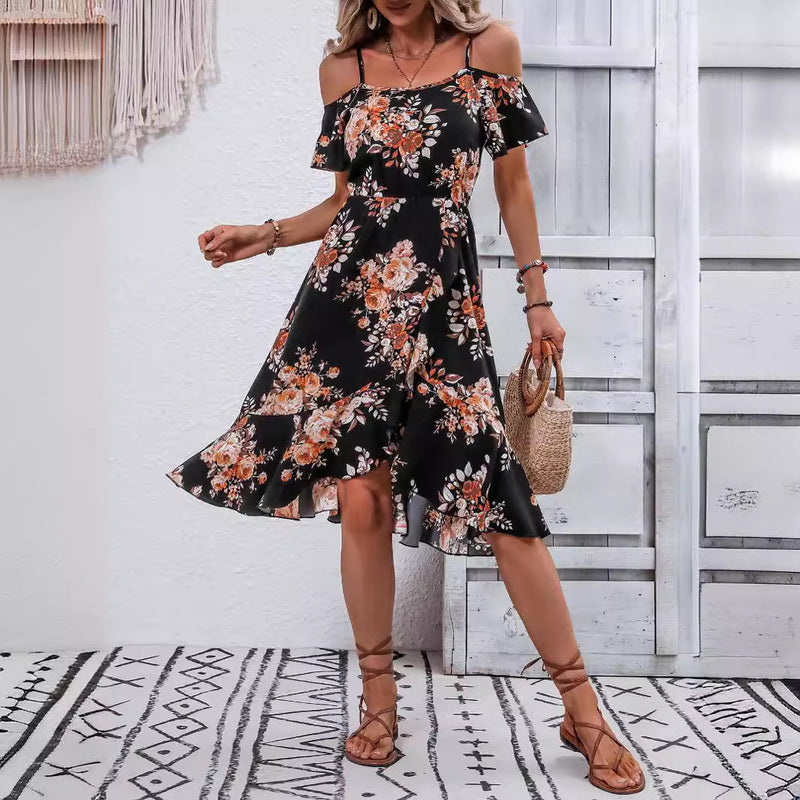 Women Clothing Summer Floral Print Slit Sling Dress