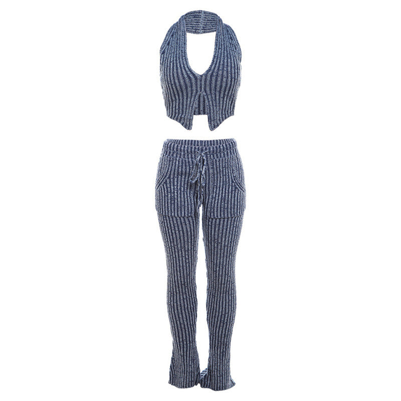 Fall Women Clothing Sexy Knitted Low Collar Color Vest High Waist Long Flared Casual PantsSets