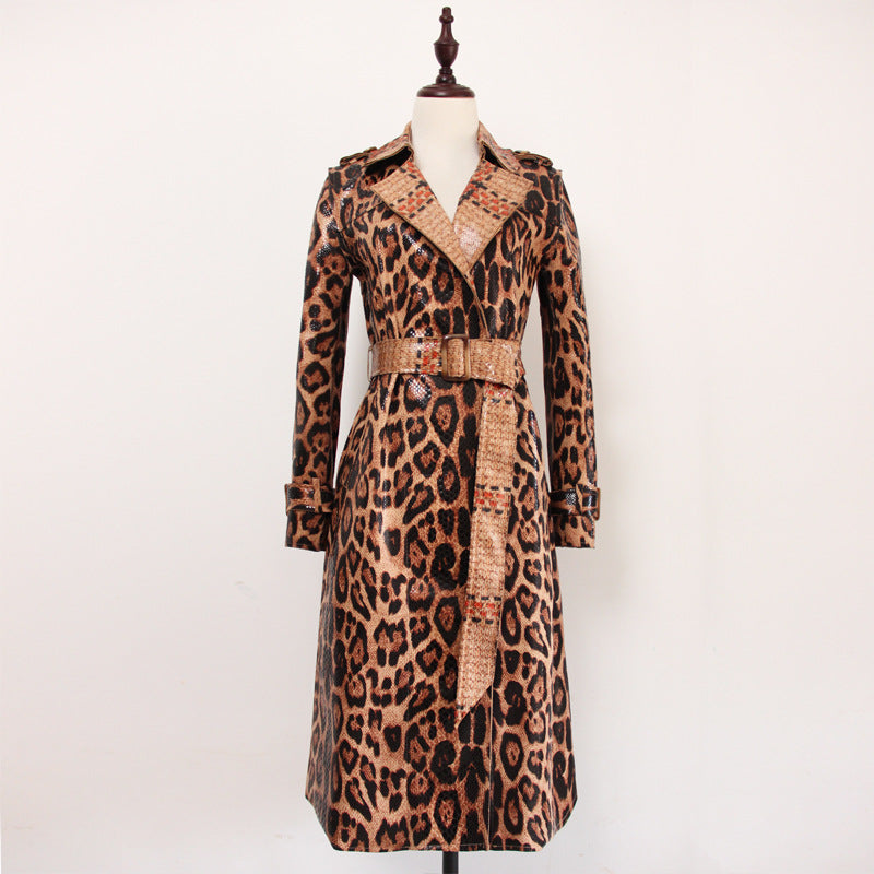 Goods Spring Autumn Snakeskin Leopard Print Long Trench Coat Goddess Long Sleeve Leather Jacket Women Overcoat