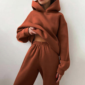 Autumn Winter Women Clothing Solid Color Trousers Thickened Long Sleeve Hooded Sweater Casual Set