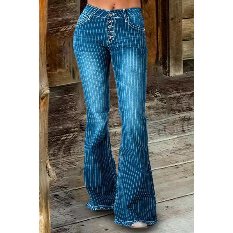 Women Clothing Mid Waist Stripes Bell Bottom Pants Jeans