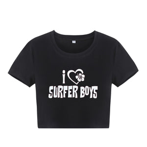 Street Women Clothing I Heart Surfer Boys Letter Graphic Printing Short Short Sleeve T shirt