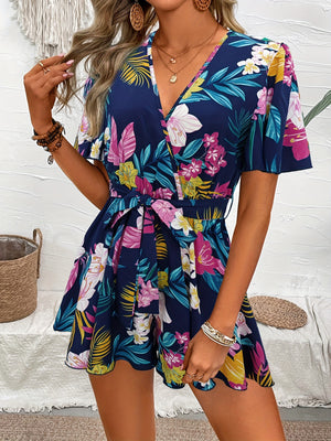 Beach Vacation Ruffle Sleeve Cross Collar Belt Short Culottes Women Loose Printed Jumpsuit Women