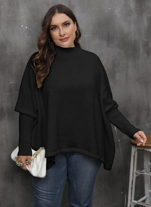 Lady Pullover Tops Women Clothes Loose Woven Shirt Split Batwing Sleeve Mock Neck Sweater