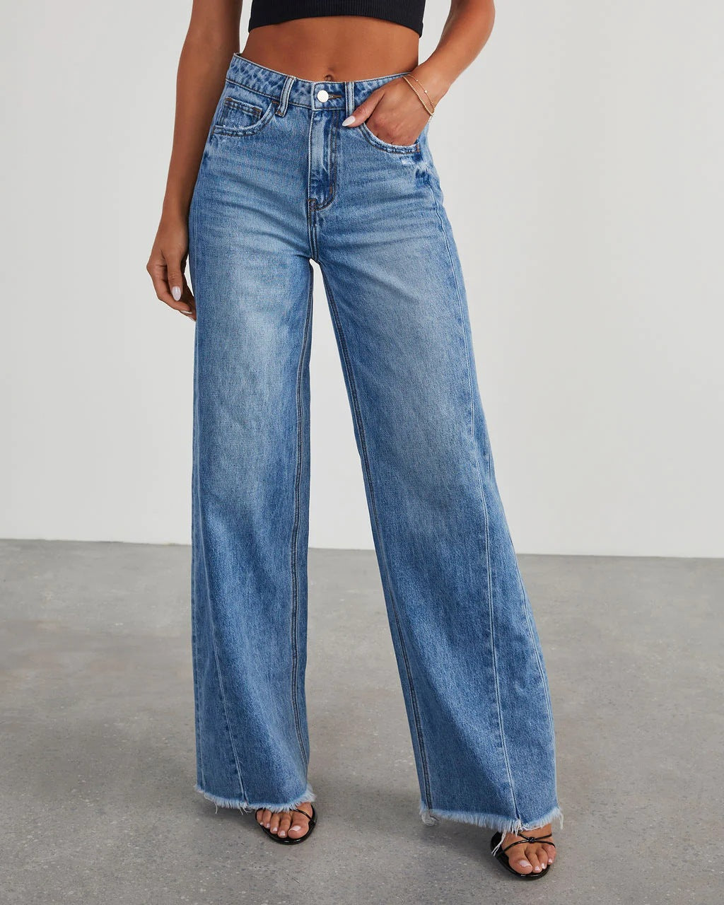 Loose Wide Leg Side Seam Stitching Frayed Hem Jeans Women