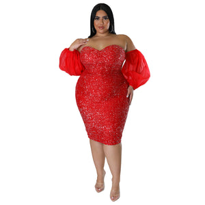 Plus Size Sexy Sequ Dress Tube Top Mesh Solid Color Evening Dress Tight Sexy Hip