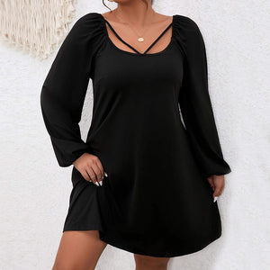 plus Size Women Clothes Autumn Winter Waist A line Dress Puff Sleeve Square Collar Elegant Dress