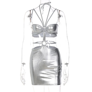 Women Clothing Autumn Metallic Coated Fabric Sexy Backless Hollow Out Cutout out Tied Irregular Asymmetric Dress