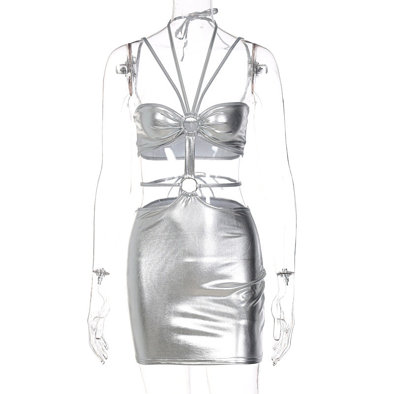 Women Clothing Autumn Metallic Coated Fabric Sexy Backless Hollow Out Cutout out Tied Irregular Asymmetric Dress