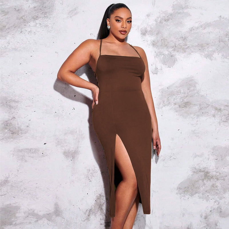 Plus Size Women Clothes Sexy Backless Slit Tight Waist Sheath Solid Color Cami Dress