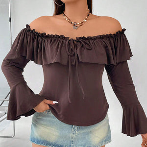 Plus Size Women Clothes Autumn Winter Ruffled Bell Sleeve Slim Elegant Boat Neck Top