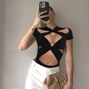 Women Clothing Sexy Lace up Cross Hollow Out Cutout Short Sleeve Jumpsuit