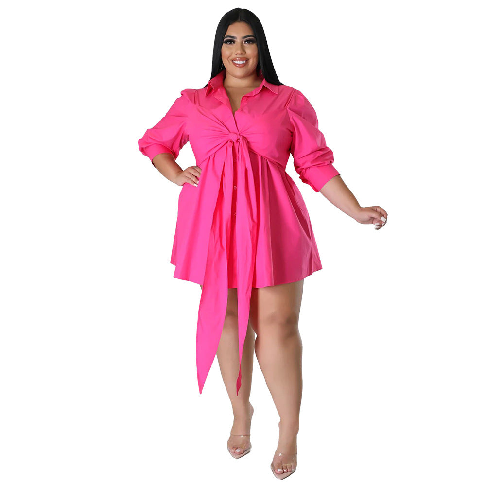 Plus Size Women Sexy Solid Color Tied Shirt Mini Dress