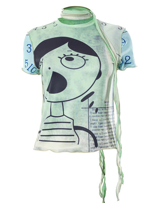 Trendy Funny Cartoon Characters Printed Short Sleeved Top Women Slim Fit Slimming Summer